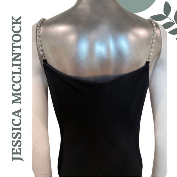 Jessica McClintock Black Evening Slip Dress w/ Crystal Beaded Straps - Size 10 - Picture 6 of 7
